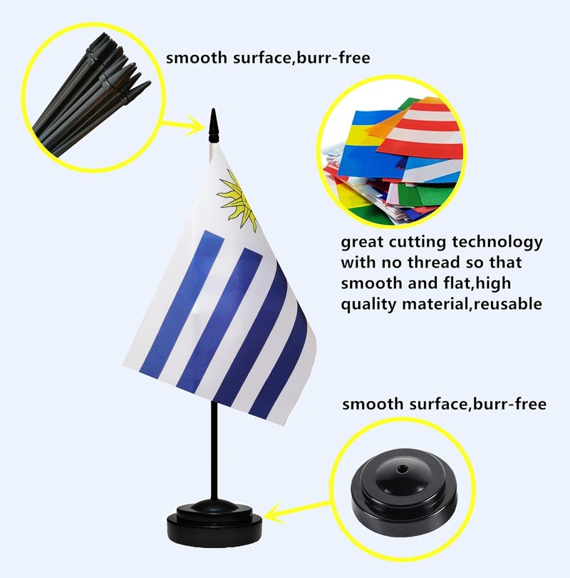 tibijoy Uruguay Uruguayan Small Mini Desk Flag Set Miniature Uruguay Uruguayan Table Office Flag with 13" Black Pole, Black Base, Miniature Uruguay Deluxe Desktop Flag(2 Pack) - Image 2